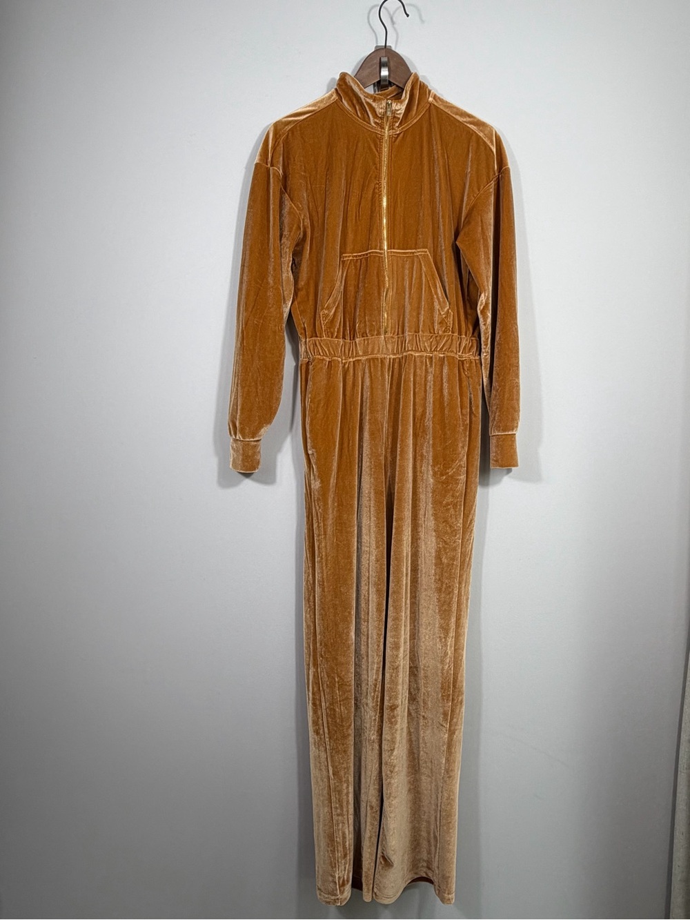 Fabletics Gold Velvet Jumpsuit Long Sleeve Zip Front Wide Leg Size M